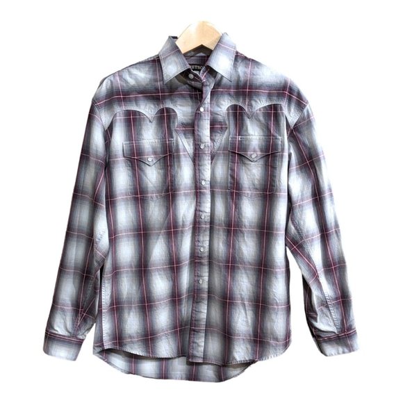 Stetson Other - Stetson Pearl Snap Western Shirt Mens L Plaid Gray Wine Flip Cuff Fancy Yoke EUC